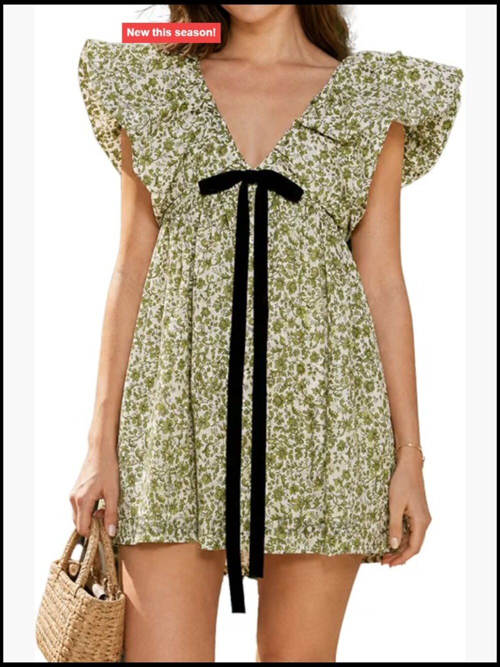 Women's Floral Mini Babydoll Dress V Neck Ruffle Sleeve Tie Back
